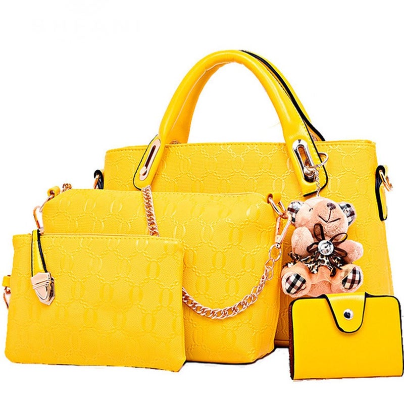 FiveloveTwo Women Printing 4Pcs Top Handle Satchel Hobo Handbag Set Middle Tote +Purse +Shoulder Bag+Card Holder Yellow - Image 1